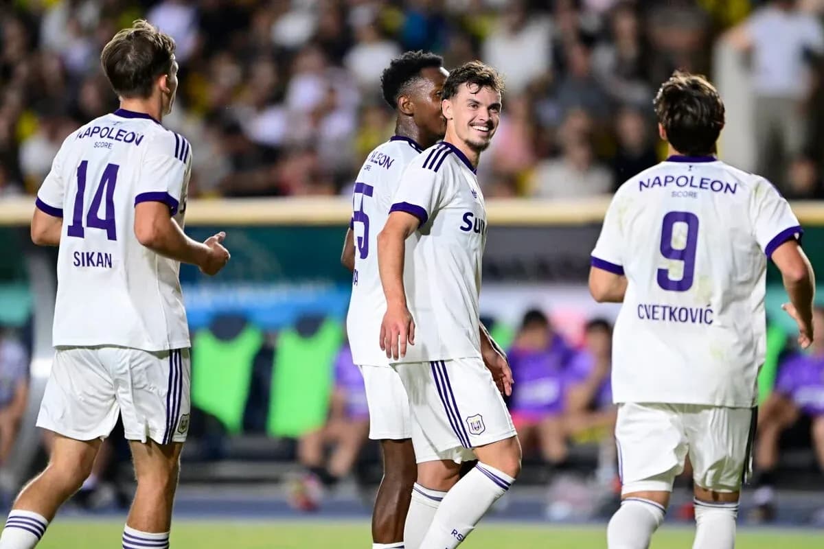 Anderlecht players celebrating a goal during match Anderlecht players celebrating a goal during match