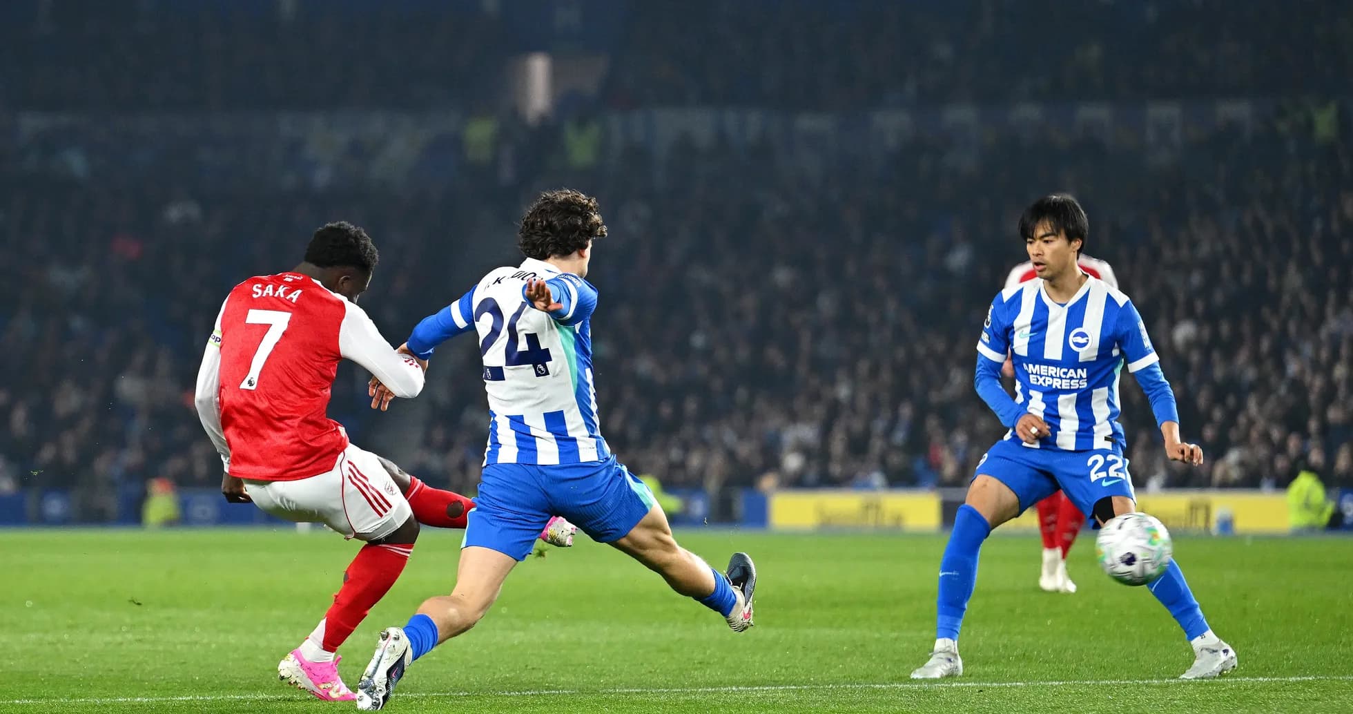 Saka striking the ball during Brighton vs Arsenal match Saka striking the ball during Brighton vs Arsenal match