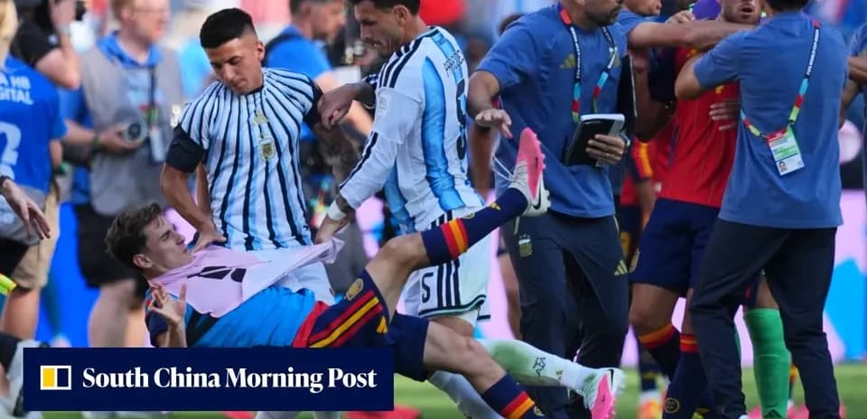 Players from Argentina and Spain in altercation on field Players from Argentina and Spain in altercation on field