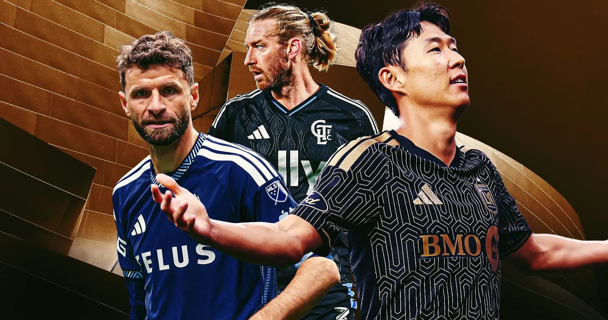 Three soccer players in team jerseys posing together Three soccer players in team jerseys posing together