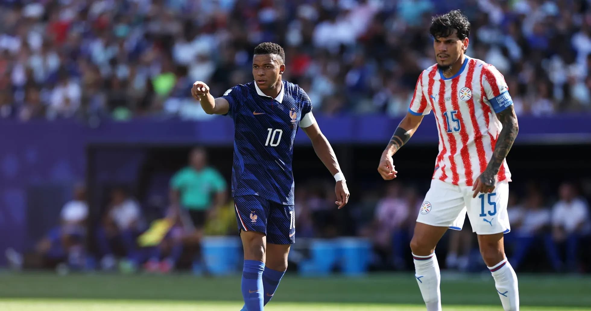 Mbappé directing play during Paraguay vs France match Mbappé directing play during Paraguay vs France match