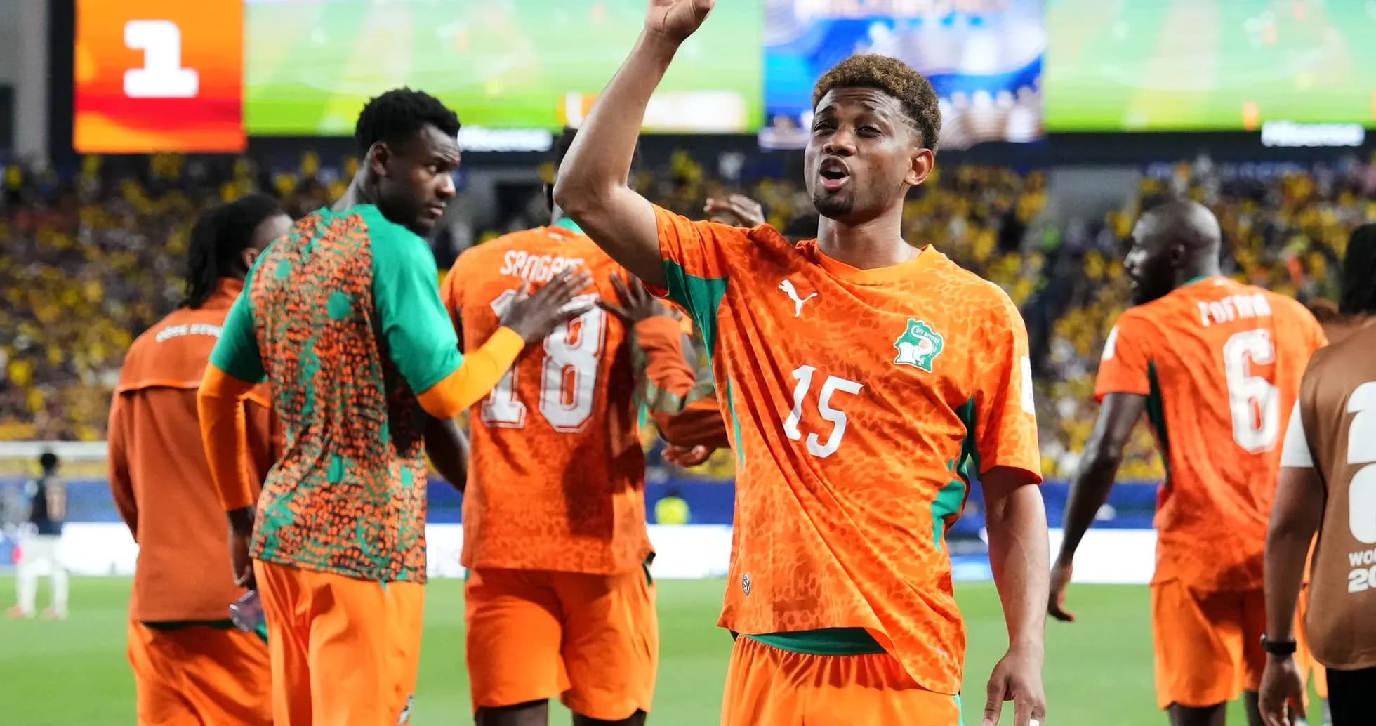 Ivory Coast players celebrating during World Cup match Ivory Coast players celebrating during World Cup match