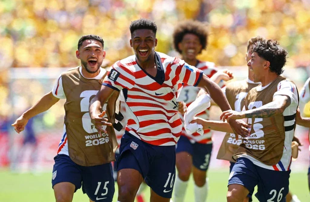 Players celebrating a goal during World Cup match Players celebrating a goal during World Cup match