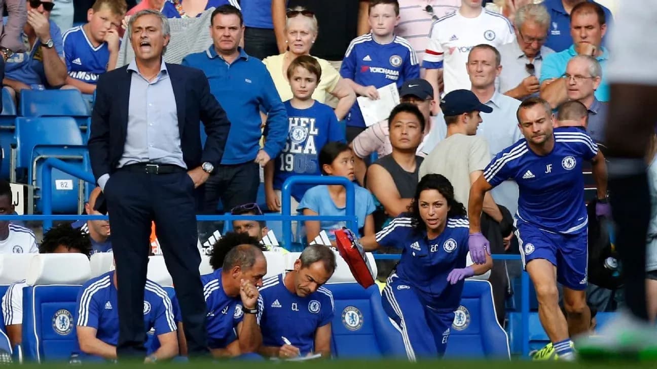 Chelsea manager and staff on the sidelines during match Chelsea manager and staff on the sidelines during match