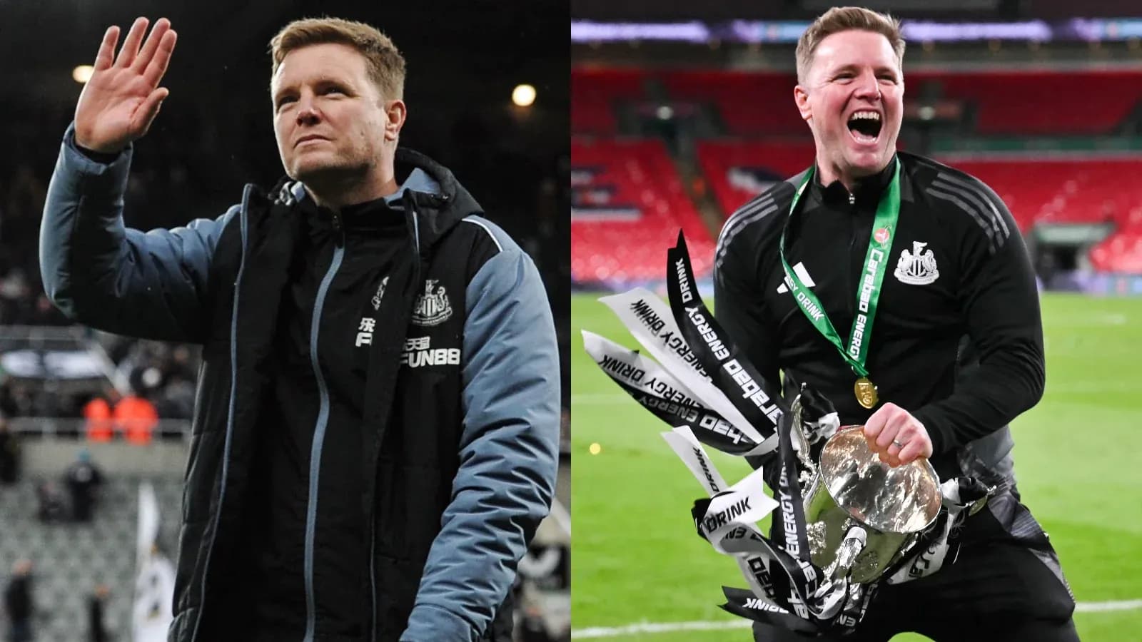 Newcastle manager celebrating with trophy at Wembley Newcastle manager celebrating with trophy at Wembley