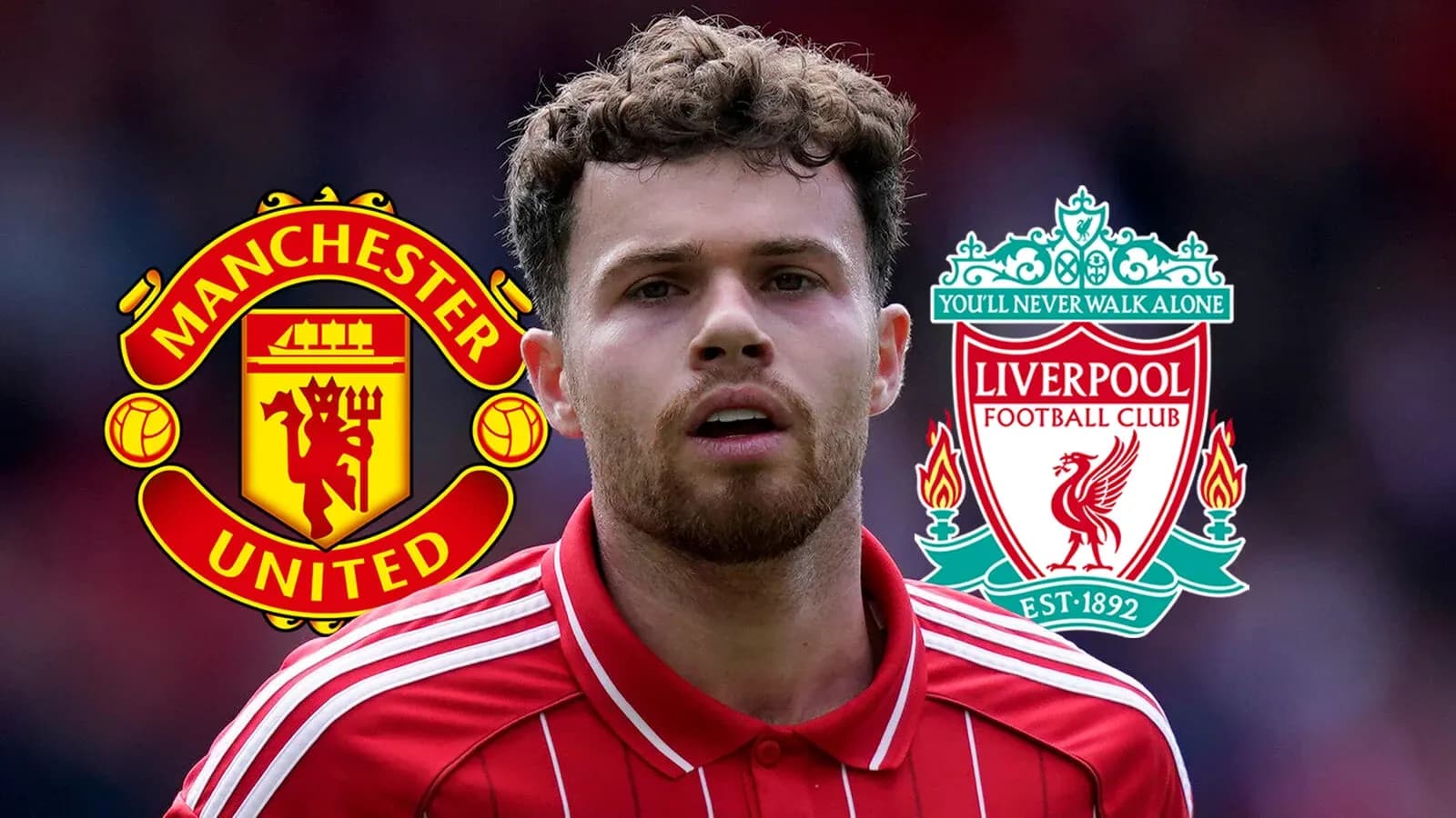 Player in red shirt with Manchester United and Liverpool logos Player in red shirt with Manchester United and Liverpool logos