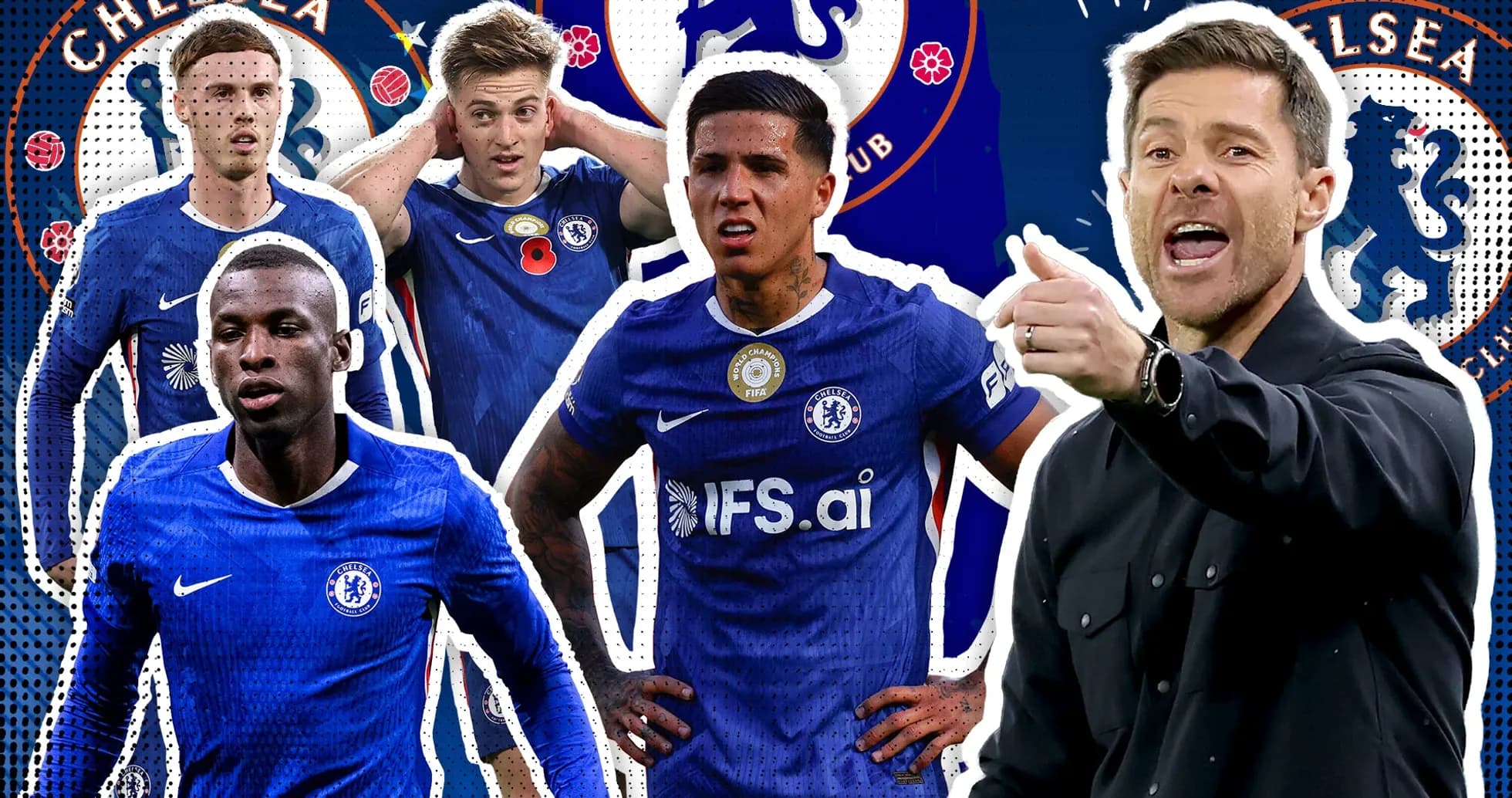 Chelsea players and manager in action with club logo Chelsea players and manager in action with club logo