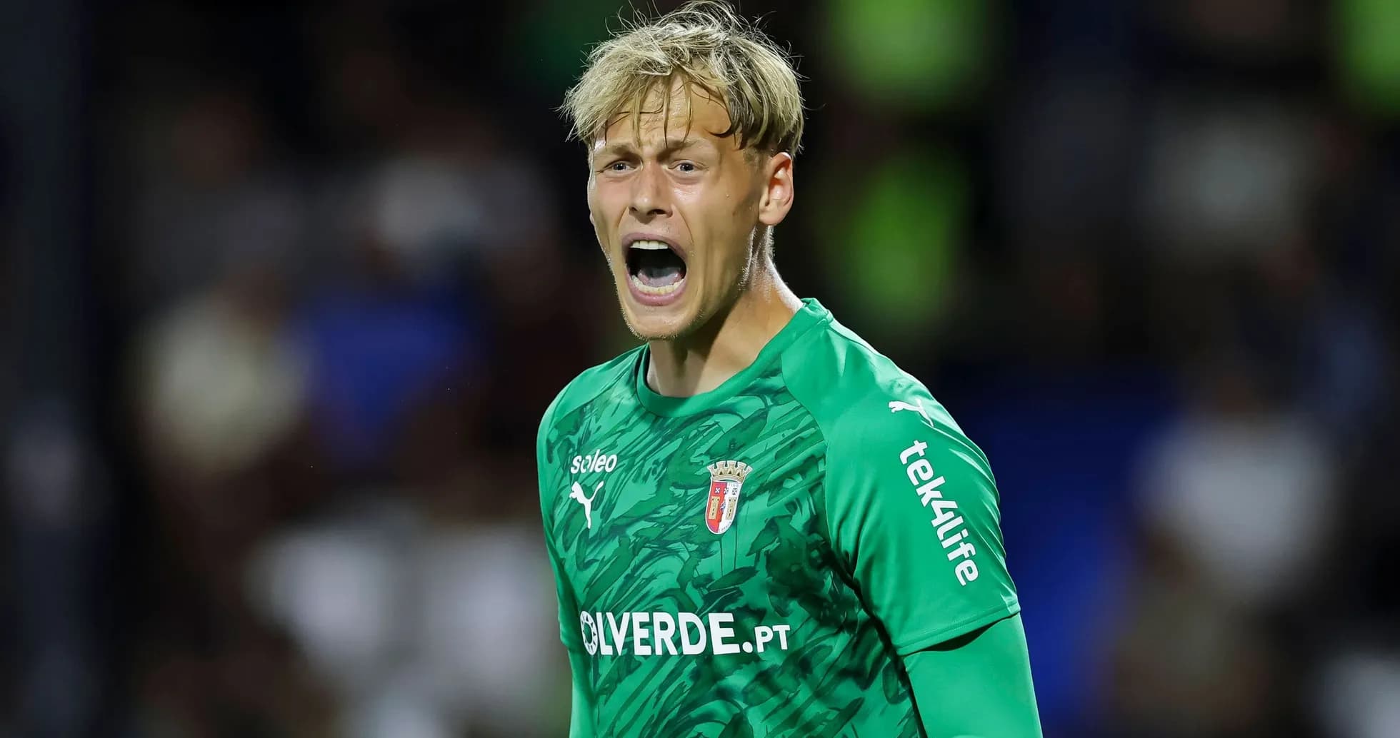 Goalkeeper yelling during a match in green jersey Goalkeeper yelling during a match in green jersey