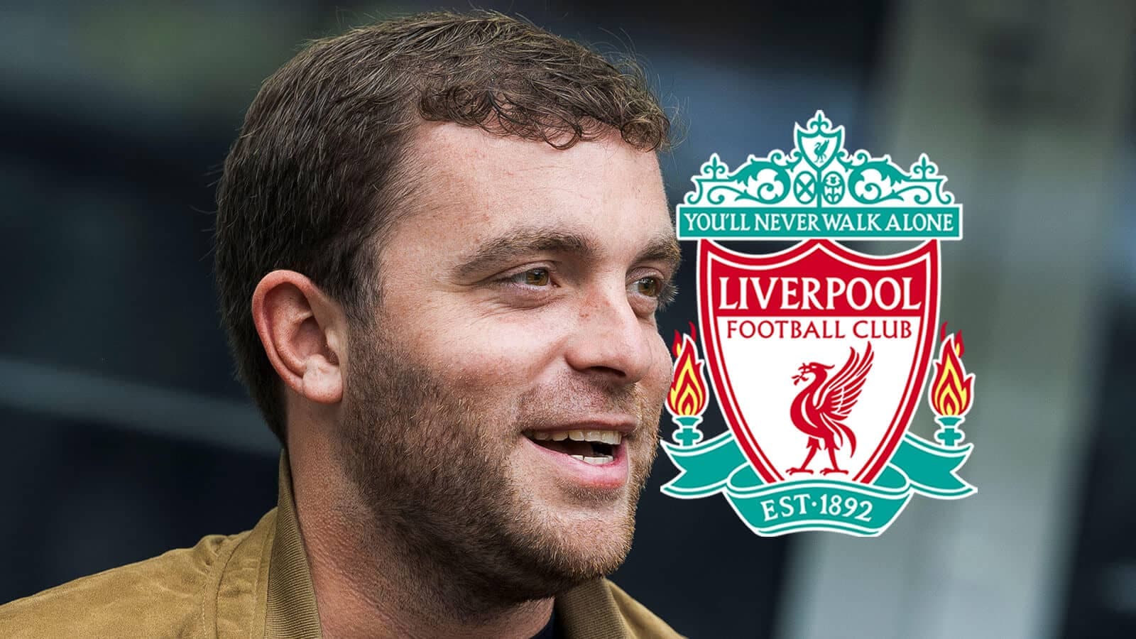 Person smiling with Liverpool FC logo in background Person smiling with Liverpool FC logo in background