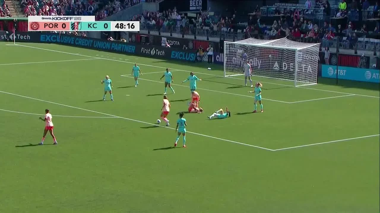 Players competing for the ball in NWSL match Players competing for the ball in NWSL match