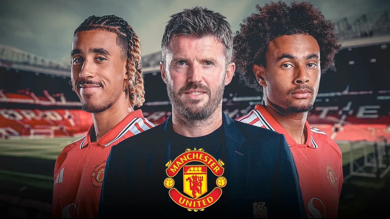 Three Manchester United players posing at stadium Three Manchester United players posing at stadium