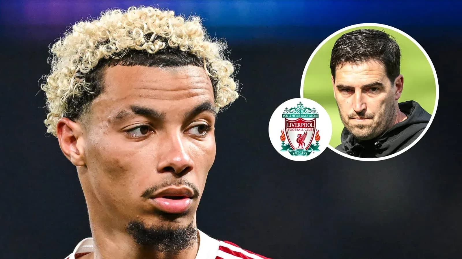 Player with curly hair and Liverpool logo background Player with curly hair and Liverpool logo background