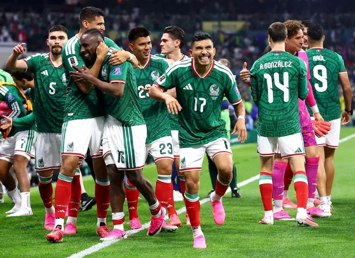 Mexico team celebrating during World Cup match Mexico team celebrating during World Cup match