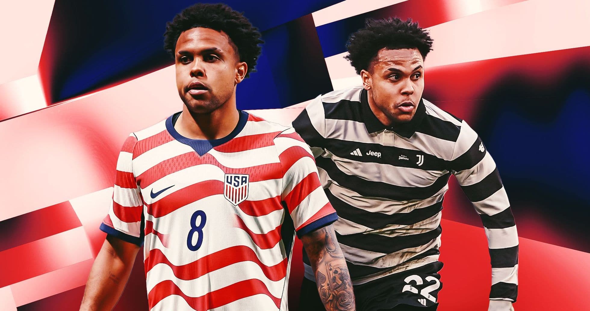 Player in USA jersey and Juventus kit side by side Player in USA jersey and Juventus kit side by side