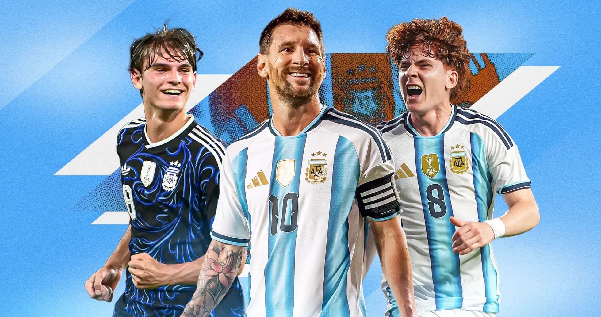 Three Argentine players celebrating on blue background Three Argentine players celebrating on blue background