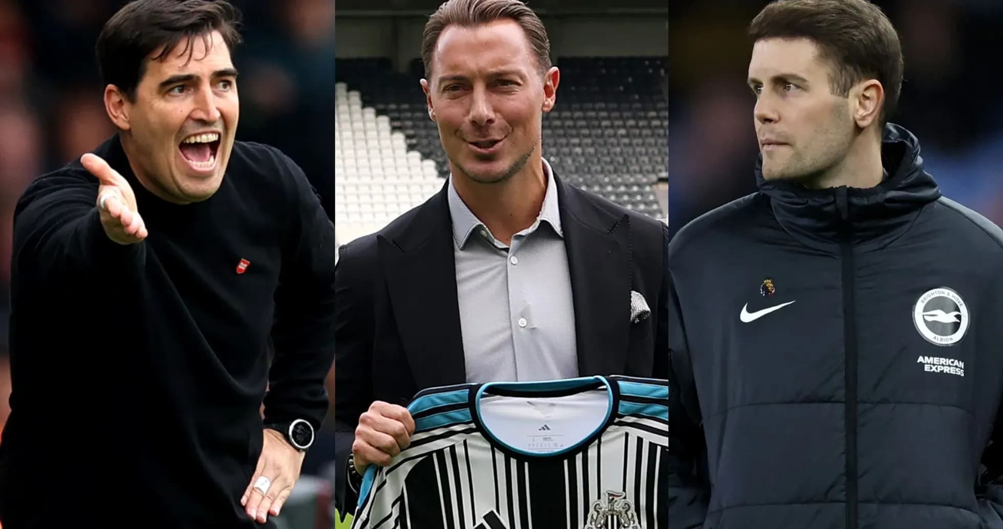 Three football managers posing in various settings Three football managers posing in various settings