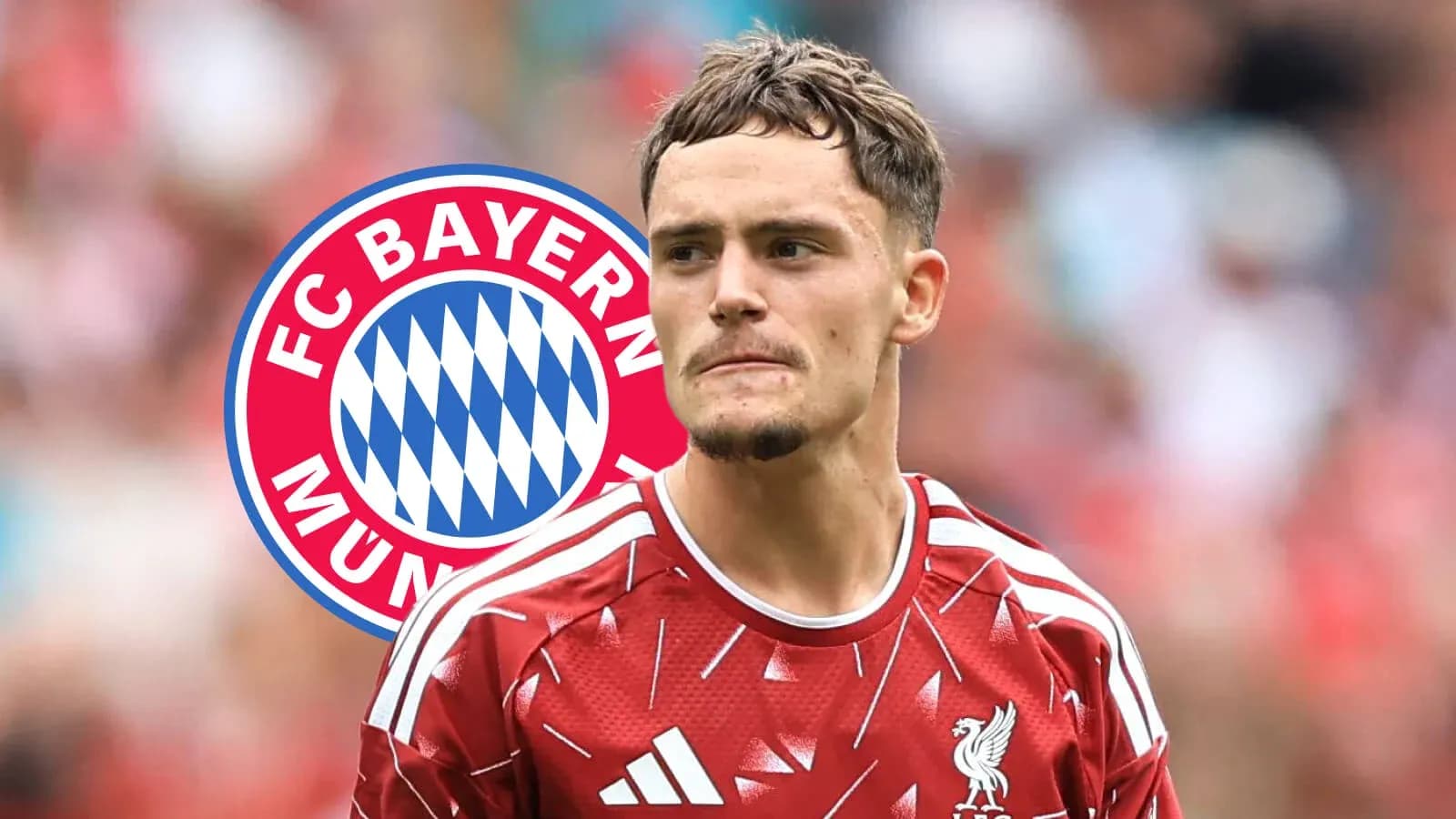 Player wearing Liverpool kit with Bayern Munich logo background Player wearing Liverpool kit with Bayern Munich logo background