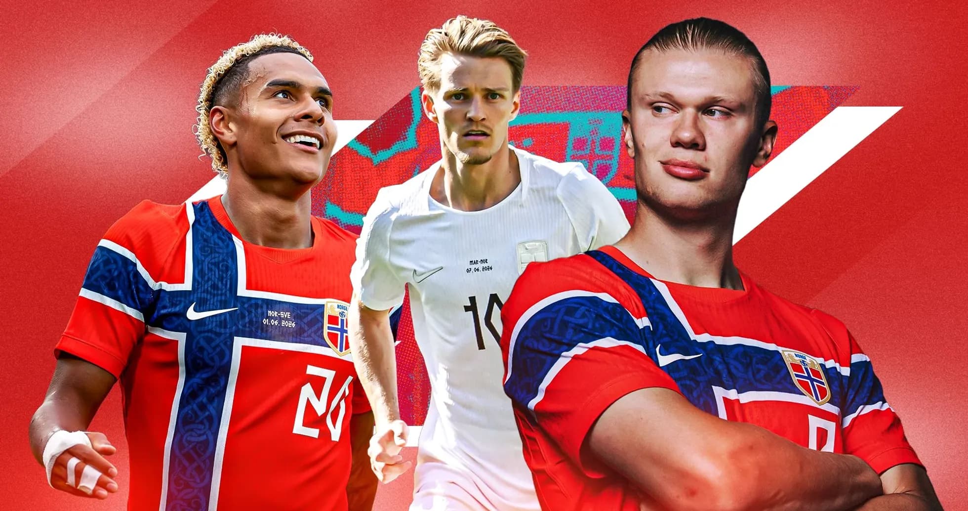 Three Norwegian football players in national team jerseys Three Norwegian football players in national team jerseys