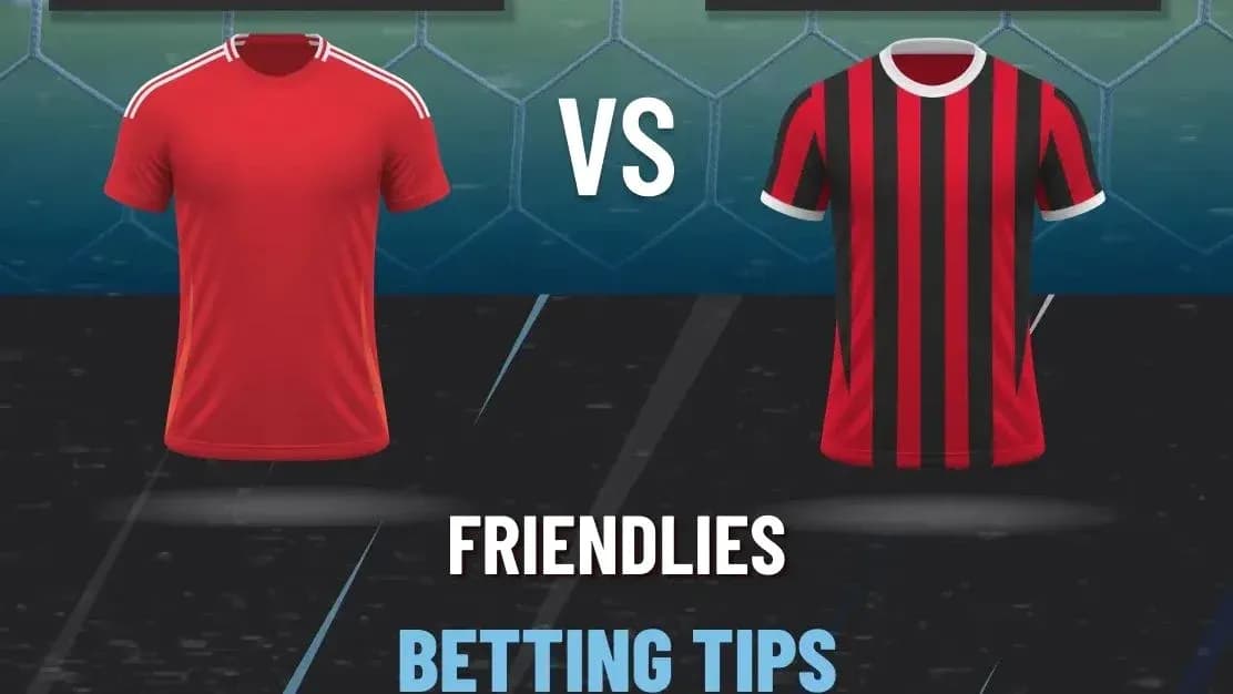 Red and black football jerseys with text 'Friendlies Betting Tips' Red and black football jerseys with text 'Friendlies Betting Tips'