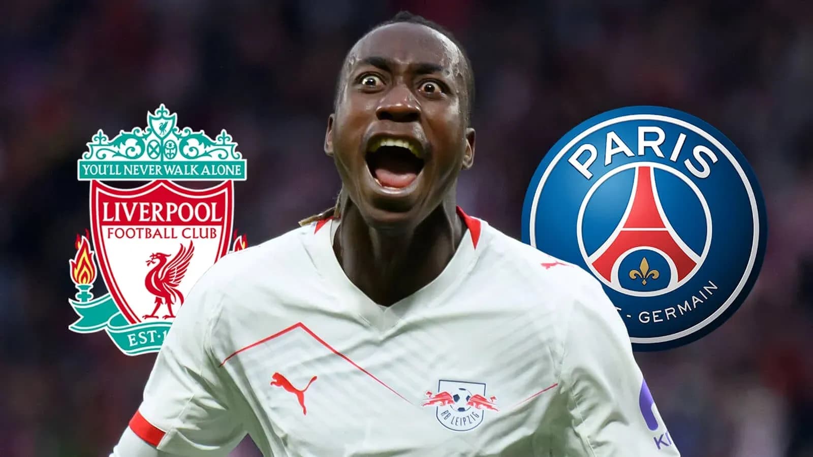 Player celebrating with club logos of Liverpool and PSG Player celebrating with club logos of Liverpool and PSG