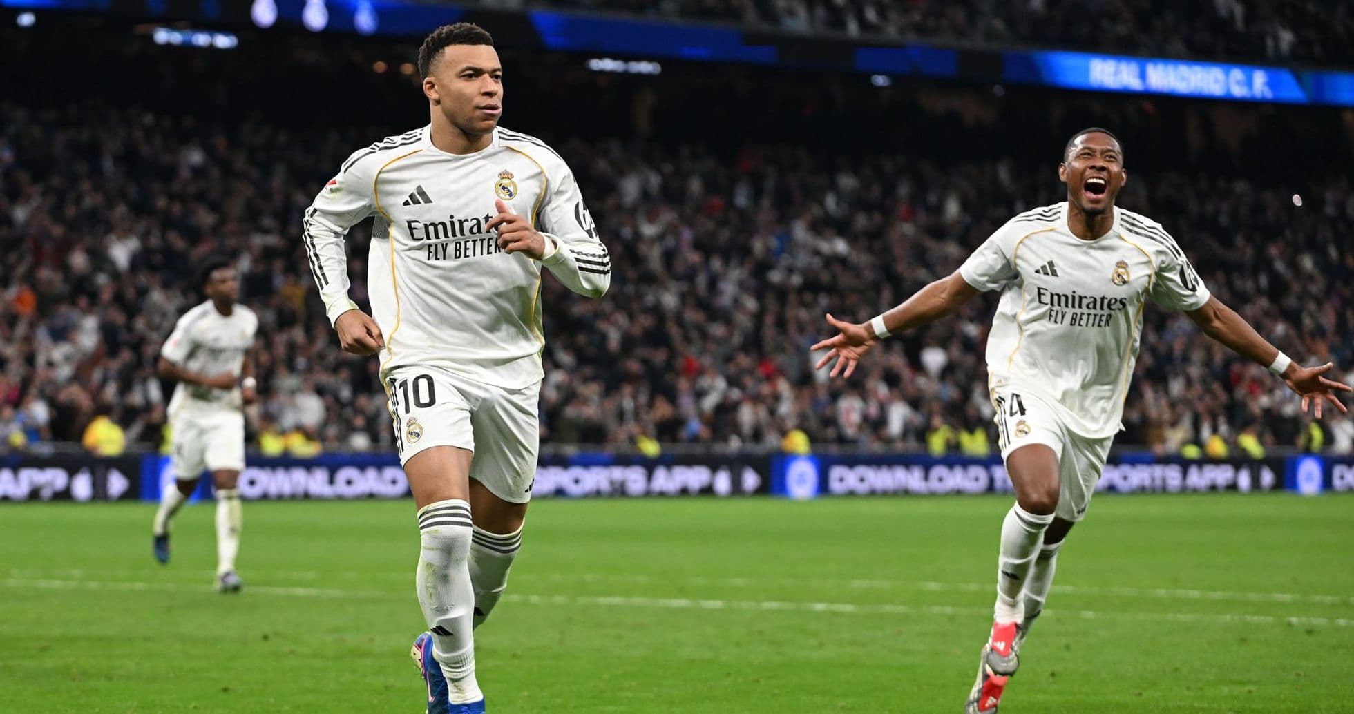 Kylian Mbappe celebrating a goal for Real Madrid Kylian Mbappe celebrating a goal for Real Madrid