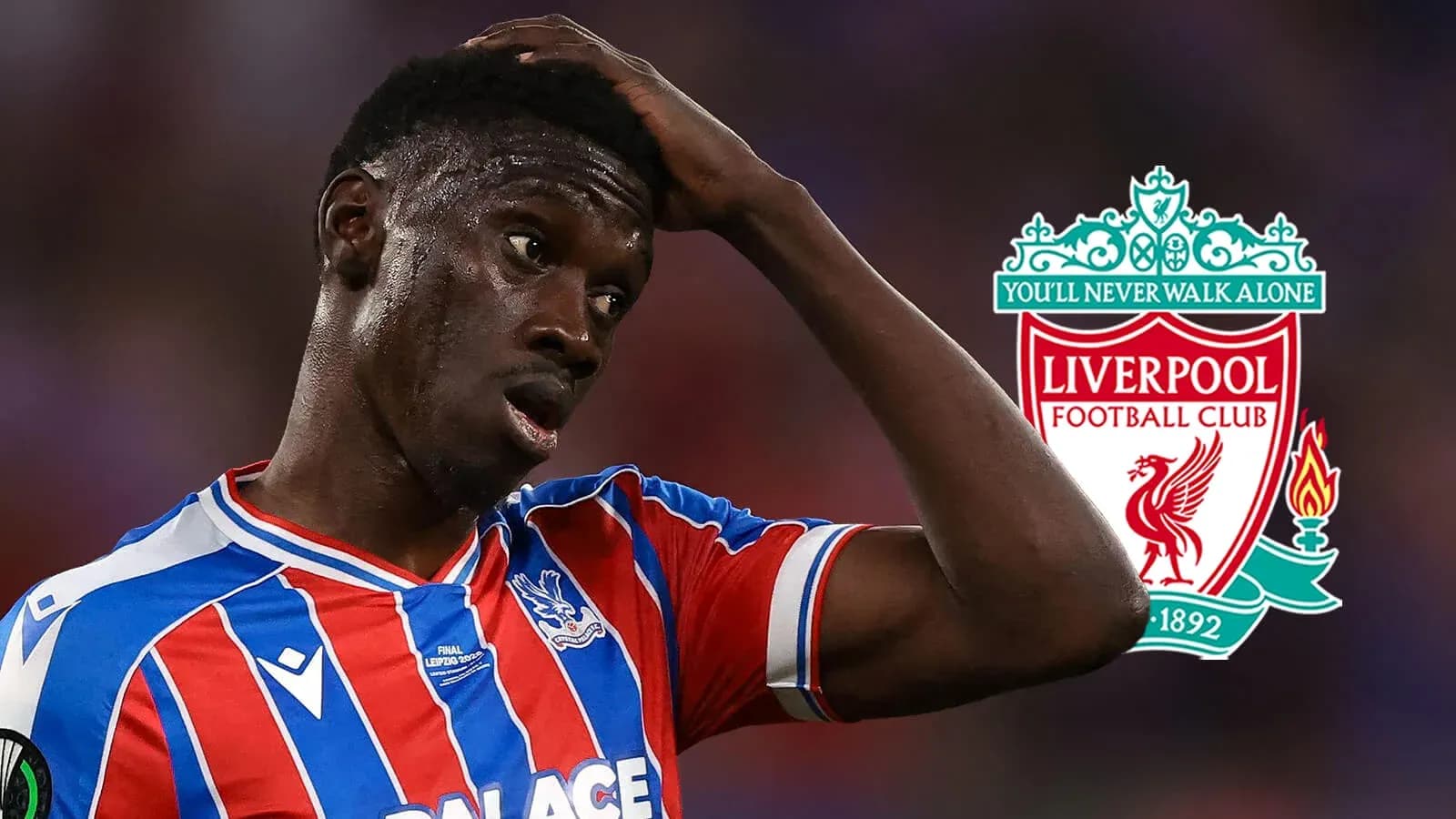 Crystal Palace player looking concerned with Liverpool logo Crystal Palace player looking concerned with Liverpool logo
