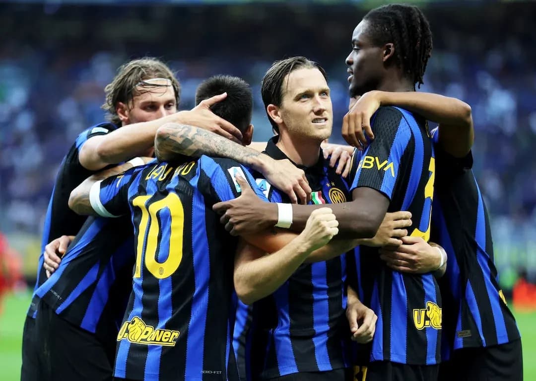 Inter players celebrating a goal during match Inter players celebrating a goal during match