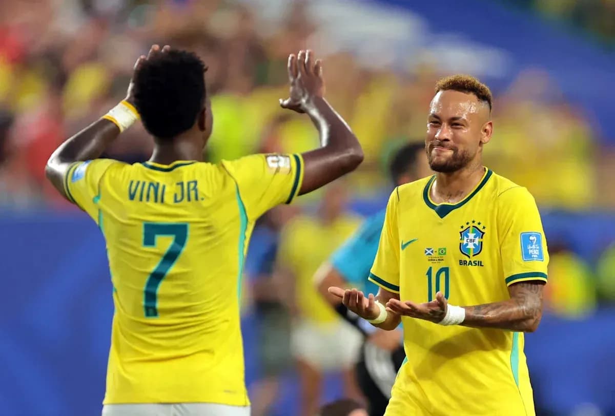 Neymar and Viní Jr. celebrating during Brazil match Neymar and Viní Jr. celebrating during Brazil match