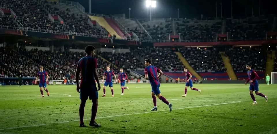 Barcelona players during match in packed stadium Barcelona players during match in packed stadium