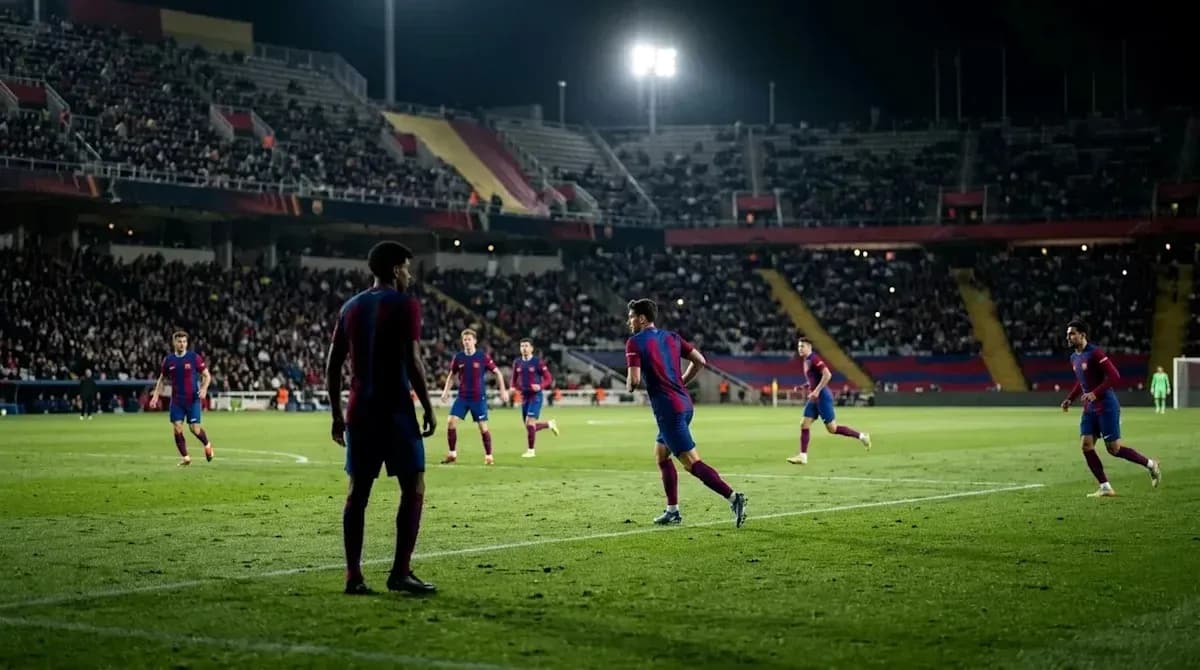 Barcelona players during match in packed stadium Barcelona players during match in packed stadium