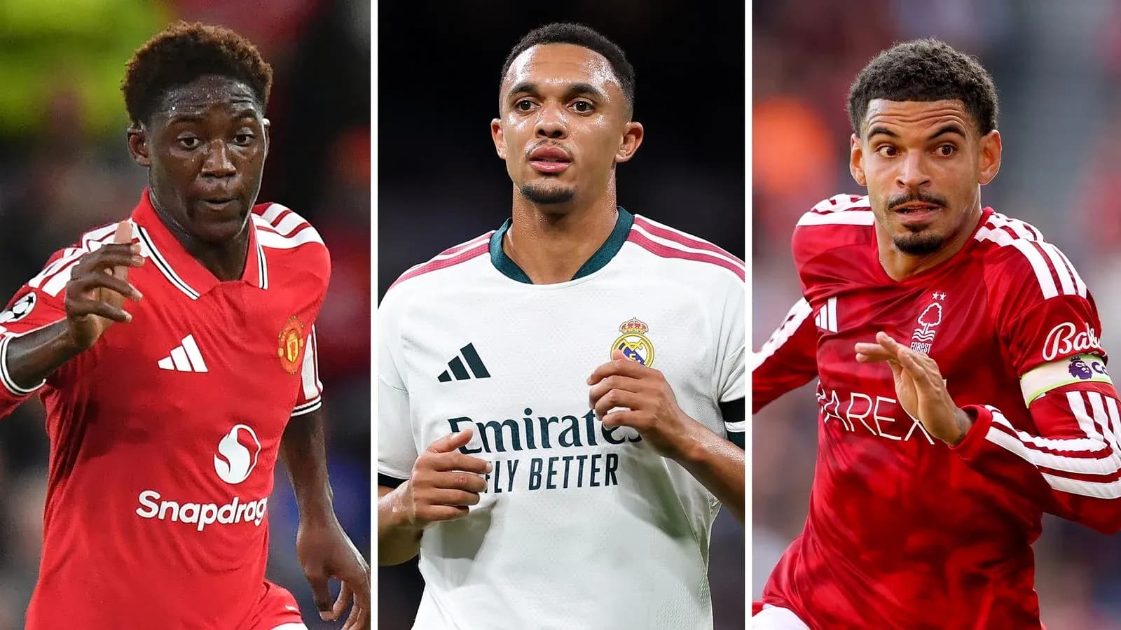 Three football players from different clubs in action Three football players from different clubs in action