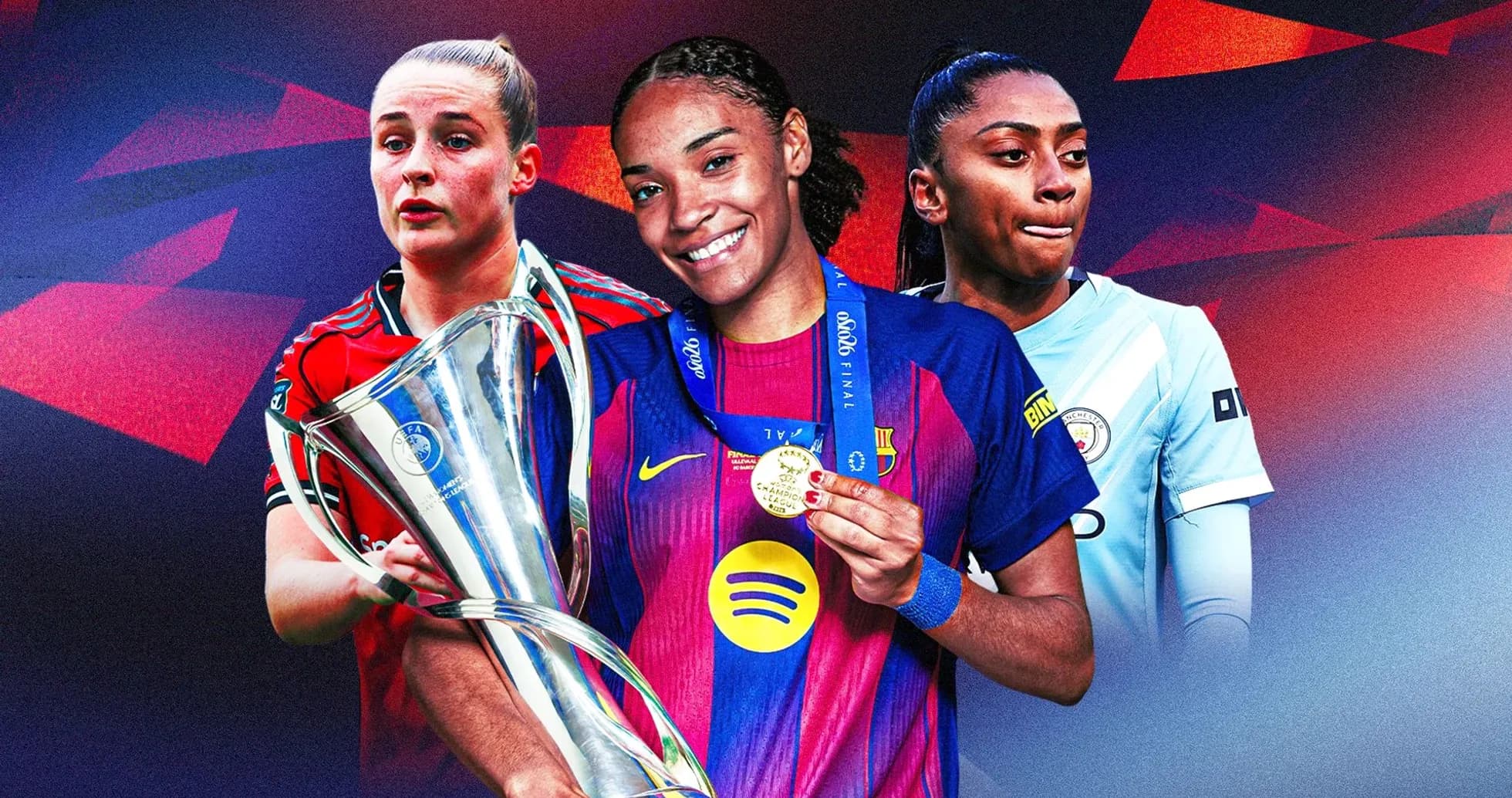 Three women football players celebrating with trophies Three women football players celebrating with trophies