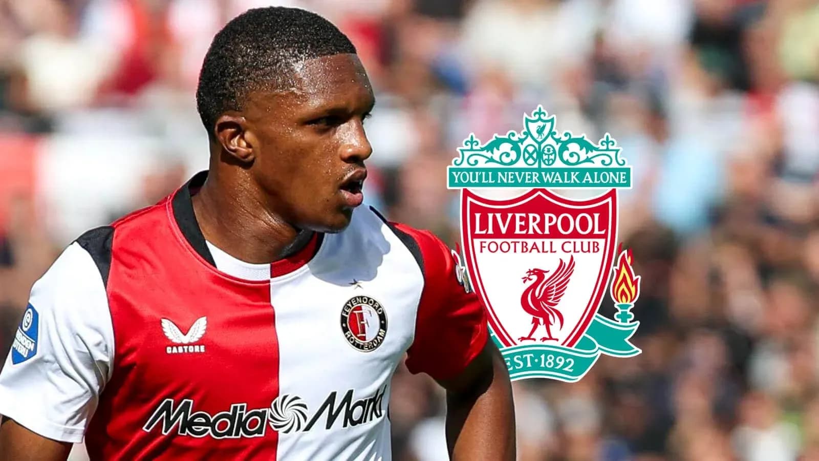 Player in Feyenoord jersey with Liverpool logo background Player in Feyenoord jersey with Liverpool logo background