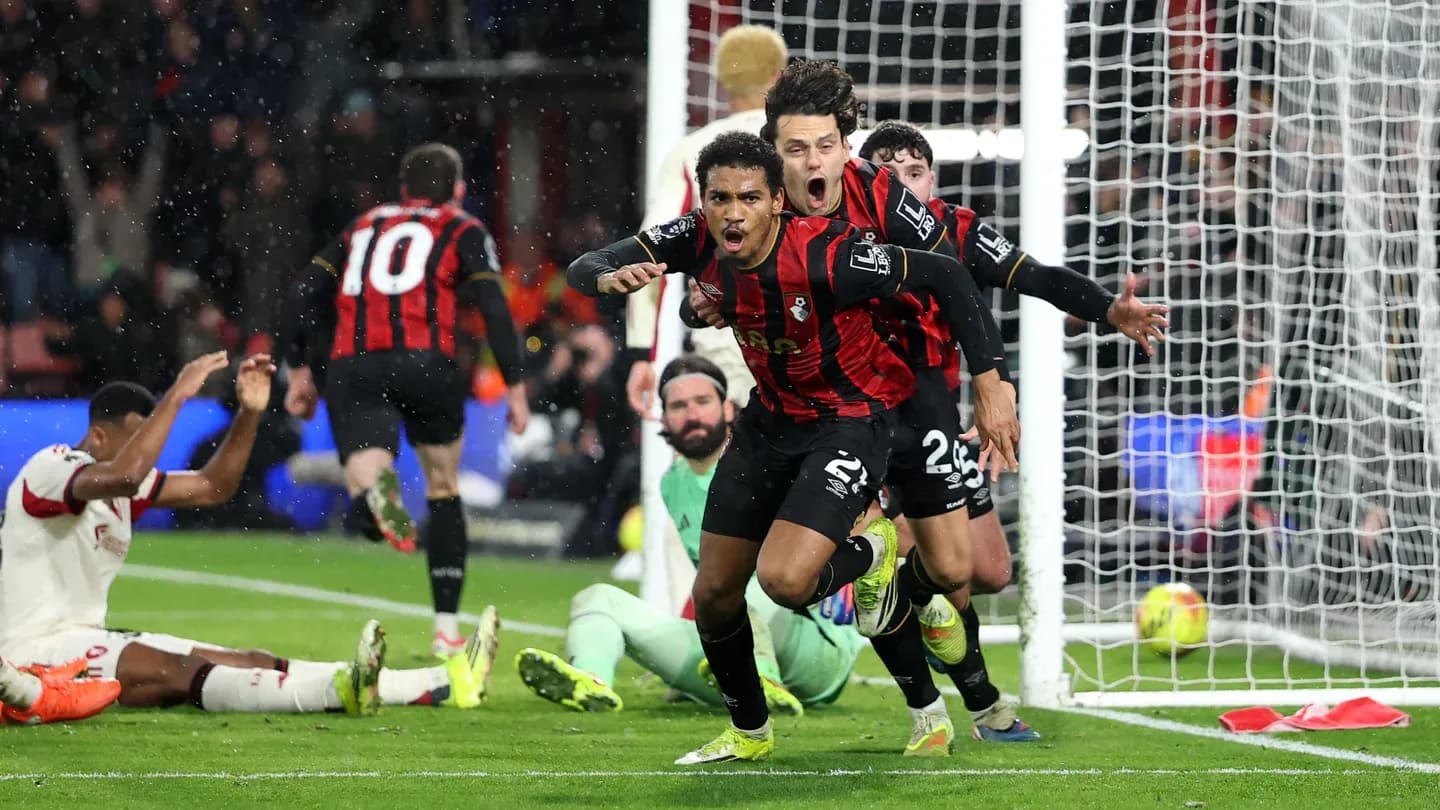 Bournemouth players celebrating a goal against Liverpool Bournemouth players celebrating a goal against Liverpool