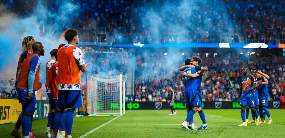 FC Cincinnati players celebrating a goal FC Cincinnati players celebrating a goal