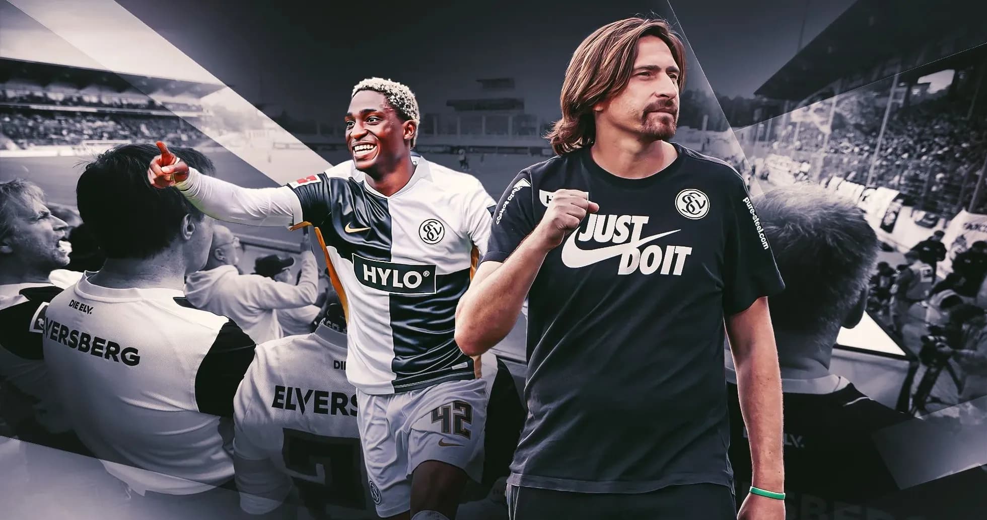 Player celebrating with fans and teammate in background Player celebrating with fans and teammate in background