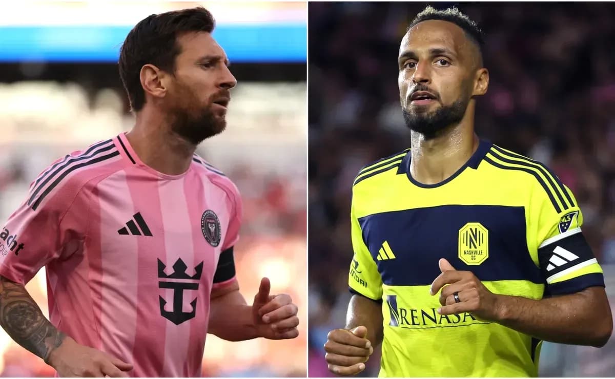 Lionel Messi and Nashville SC player in action Lionel Messi and Nashville SC player in action