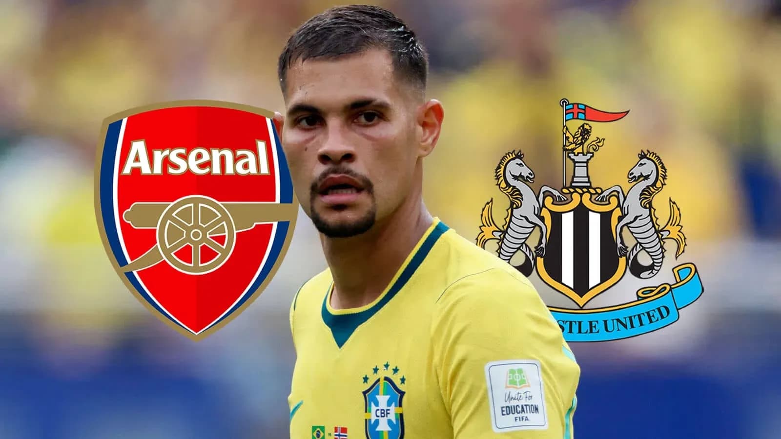 Player in Brazil jersey with Arsenal and Newcastle logos Player in Brazil jersey with Arsenal and Newcastle logos