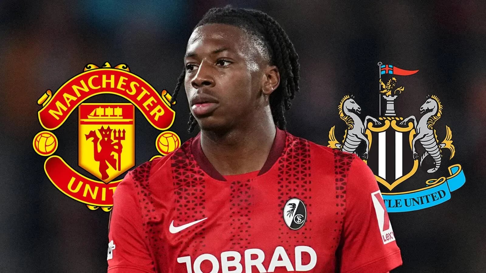 Player in red kit with Manchester and Newcastle logos Player in red kit with Manchester and Newcastle logos