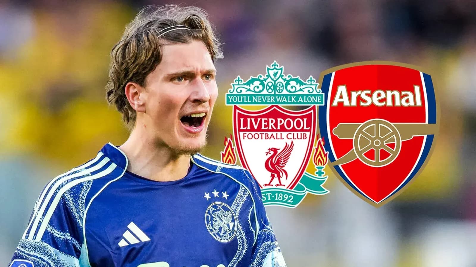 Goalkeeper celebrating with team logos of Liverpool and Arsenal Goalkeeper celebrating with team logos of Liverpool and Arsenal