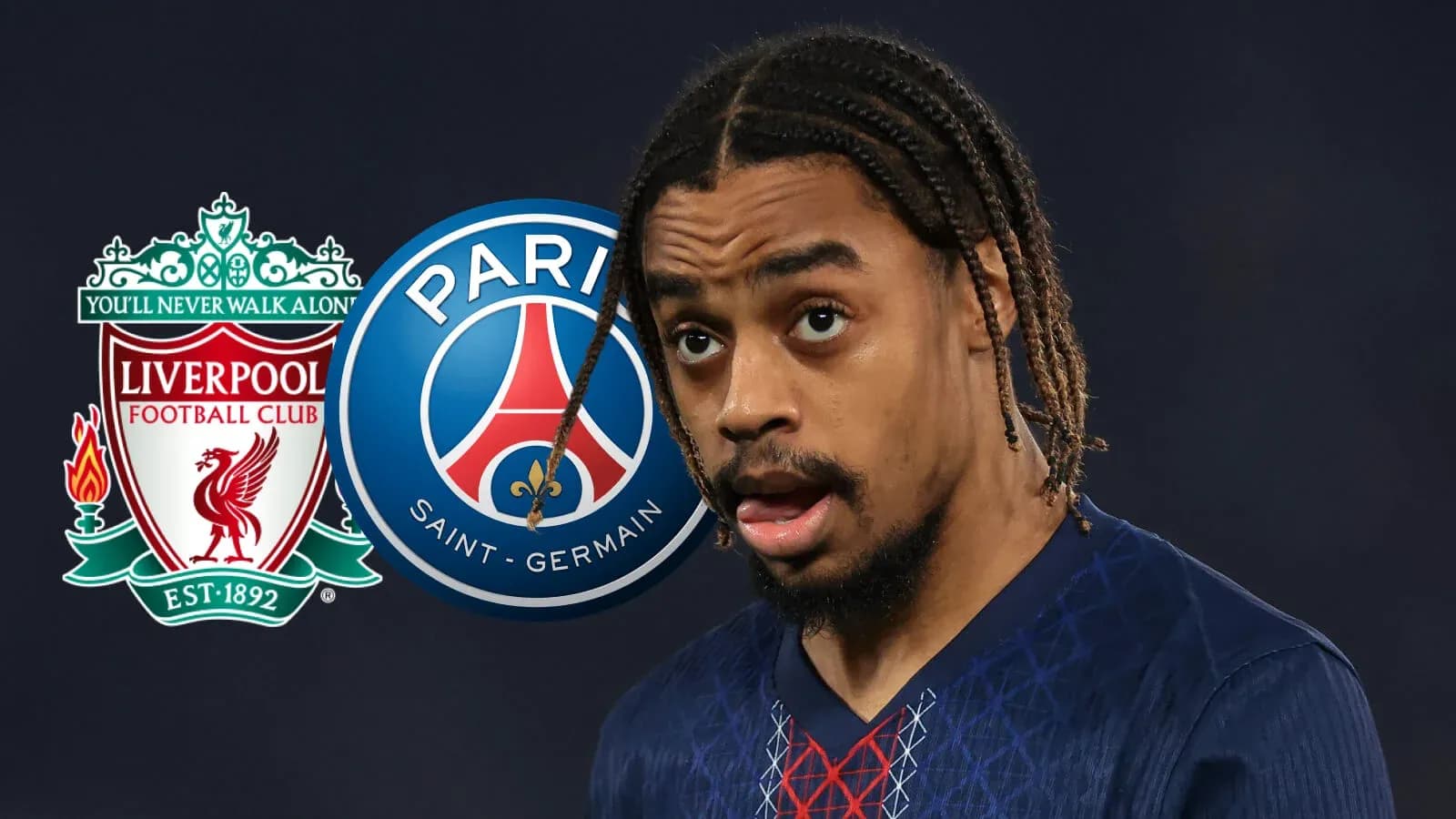 Player in jersey with Liverpool and PSG logos Player in jersey with Liverpool and PSG logos