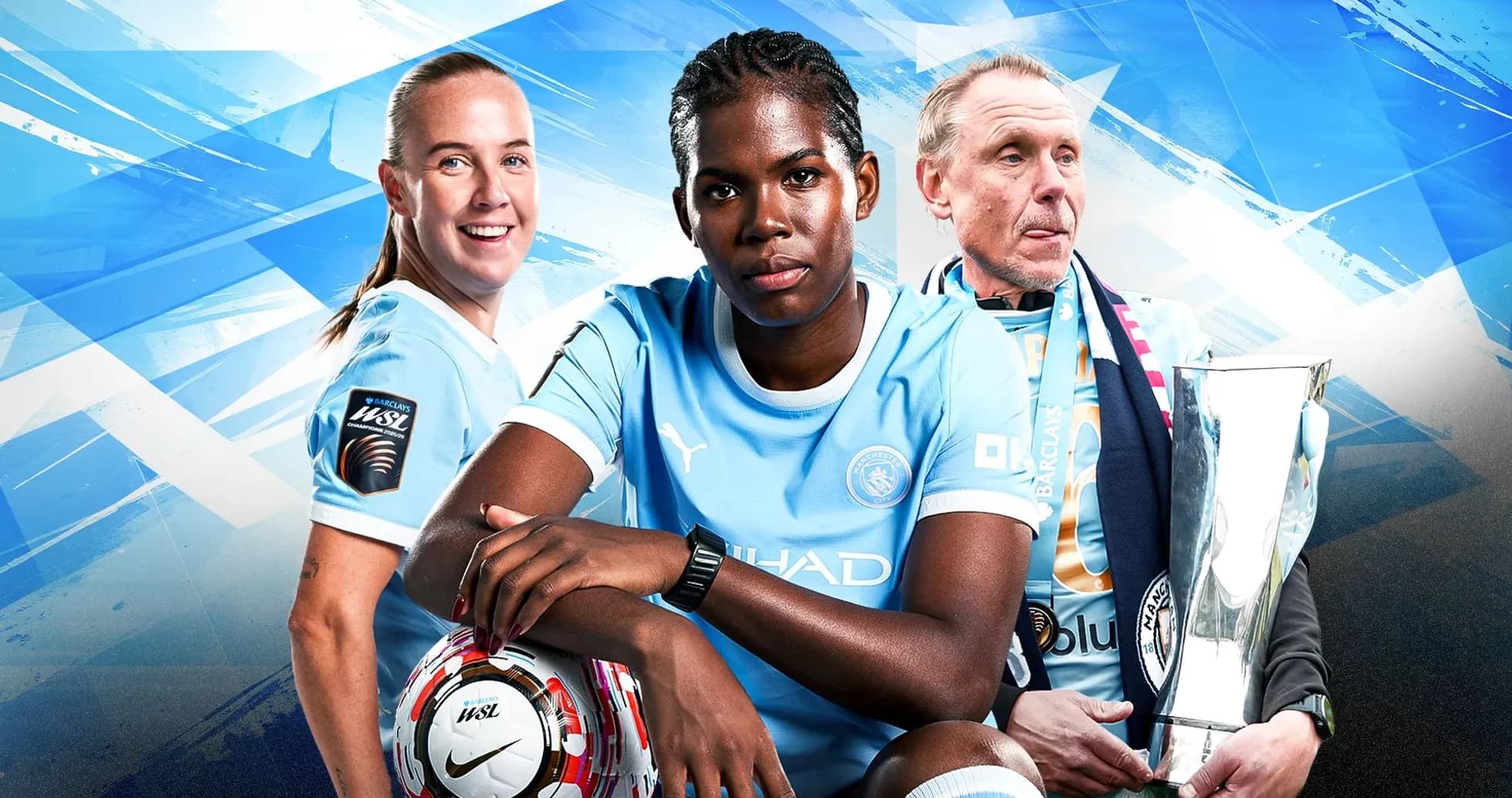 Three Manchester City players and coach with trophy Three Manchester City players and coach with trophy