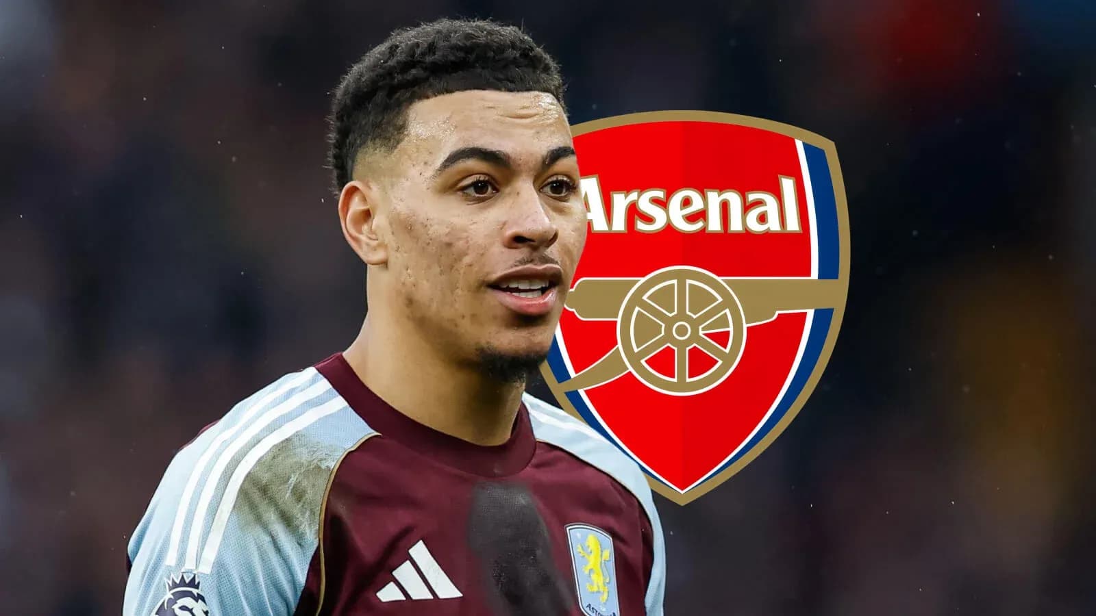 Player in Aston Villa kit with Arsenal logo background Player in Aston Villa kit with Arsenal logo background