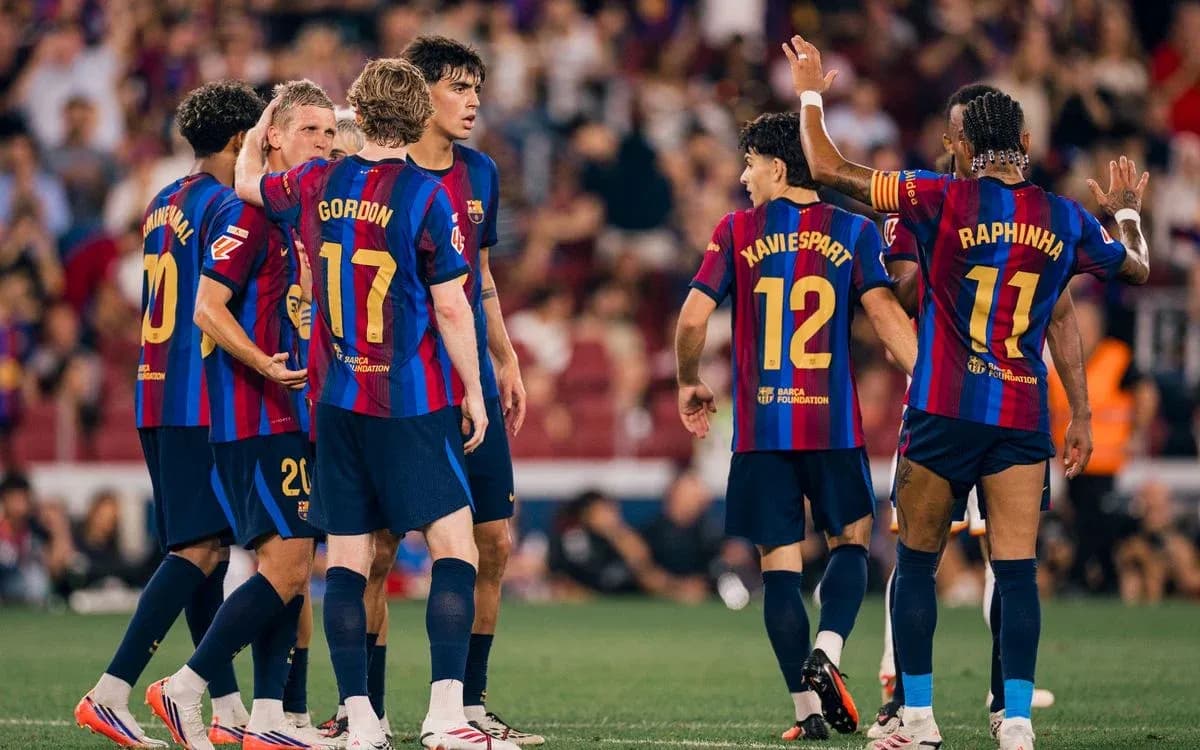 Barcelona players celebrating during La Liga match Barcelona players celebrating during La Liga match