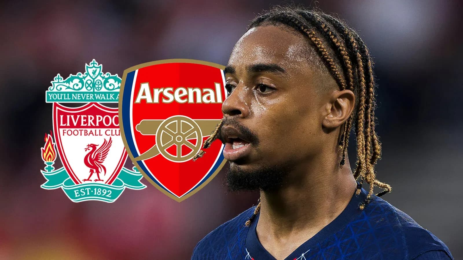 Player in focus with Liverpool and Arsenal logos Player in focus with Liverpool and Arsenal logos