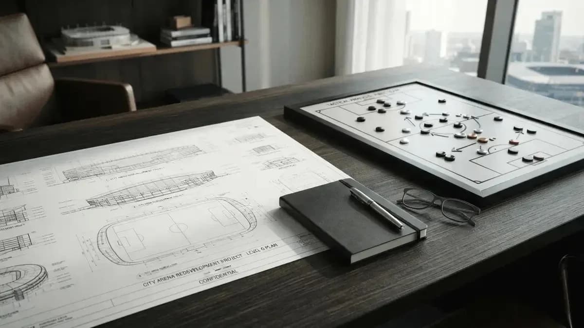 Tactical board and blueprints on a desk Tactical board and blueprints on a desk