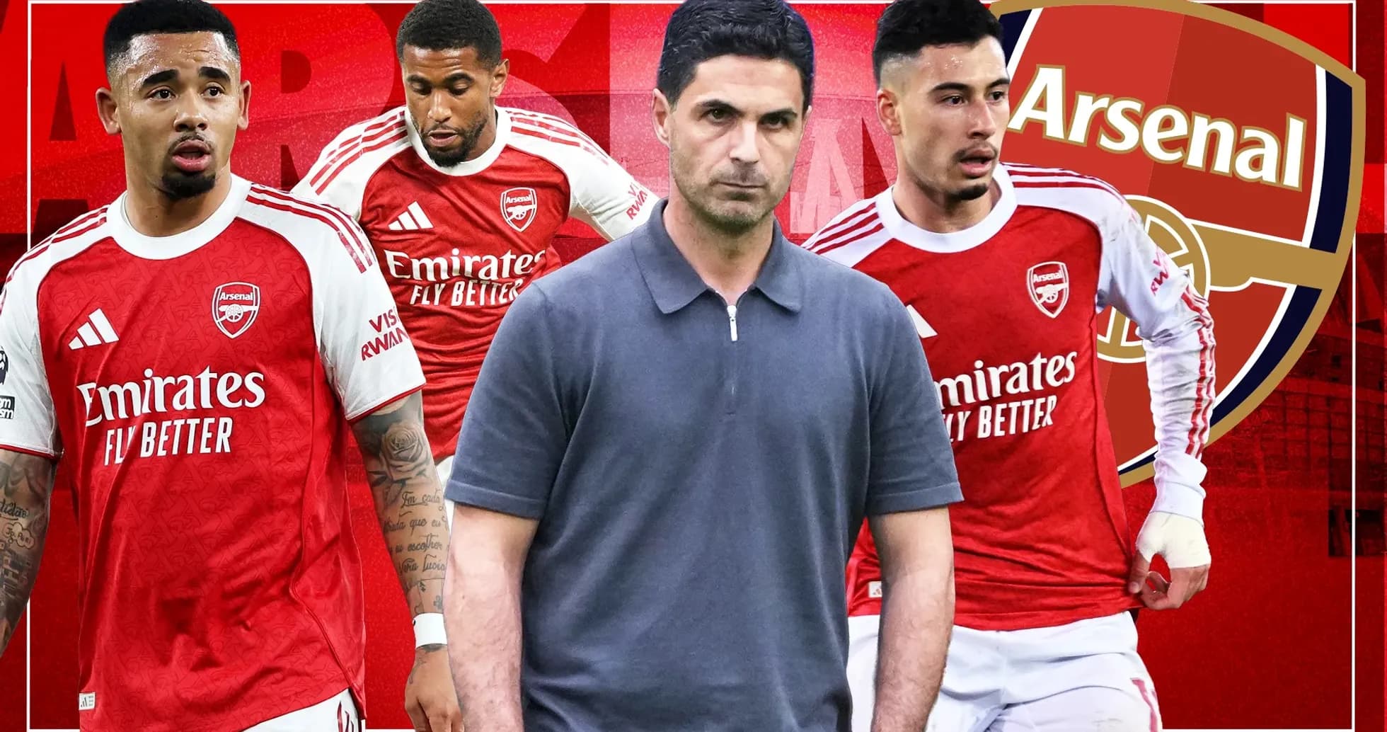 Arsenal players and manager in red team kits Arsenal players and manager in red team kits