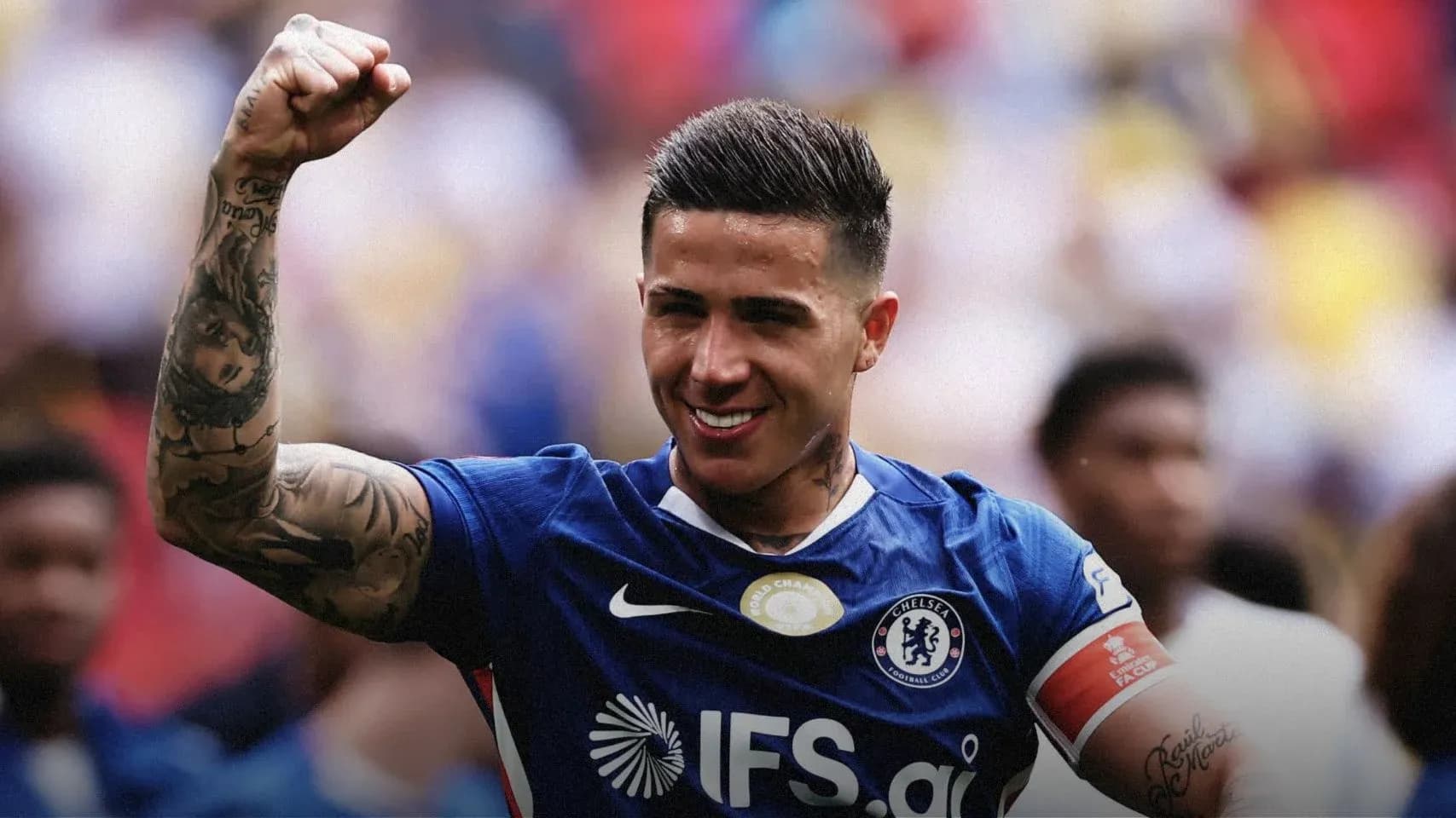 Player celebrating in Chelsea jersey with raised fist Player celebrating in Chelsea jersey with raised fist