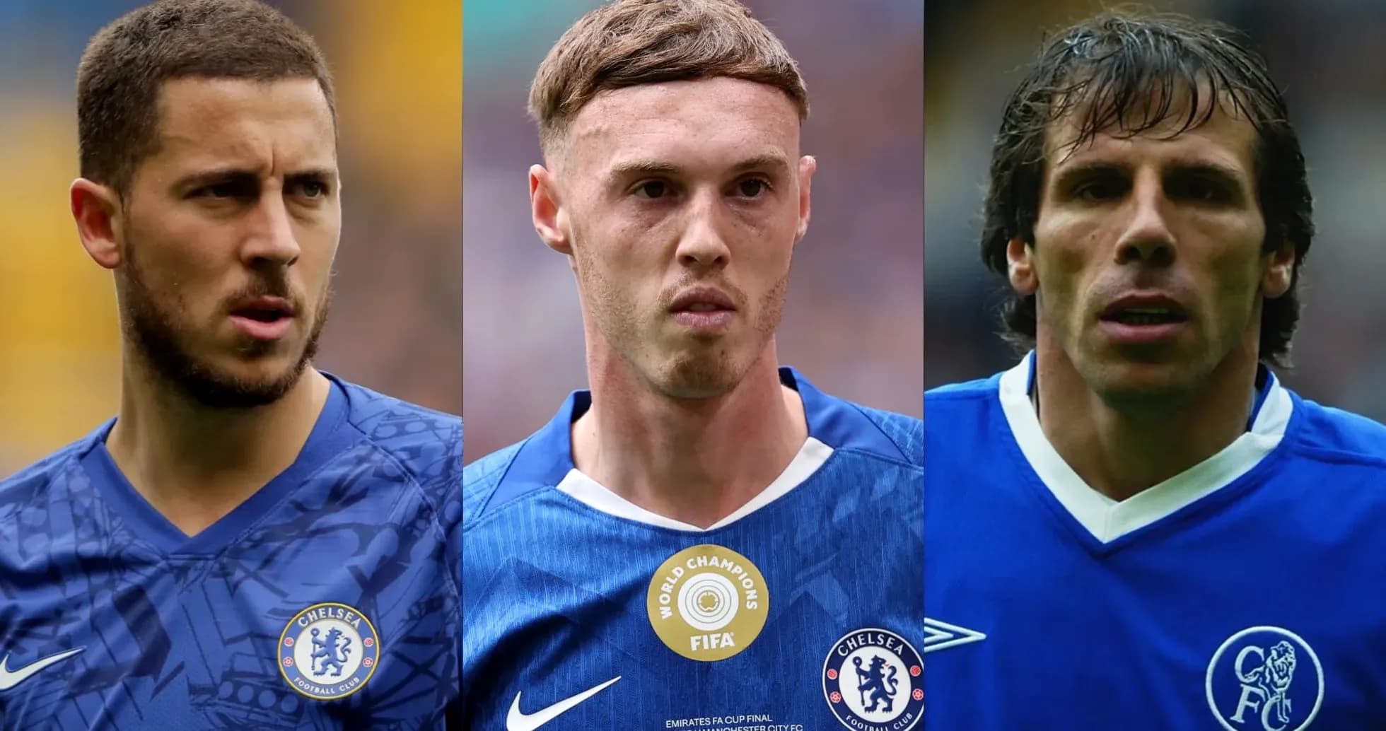 Three Chelsea players in blue kits looking forward Three Chelsea players in blue kits looking forward