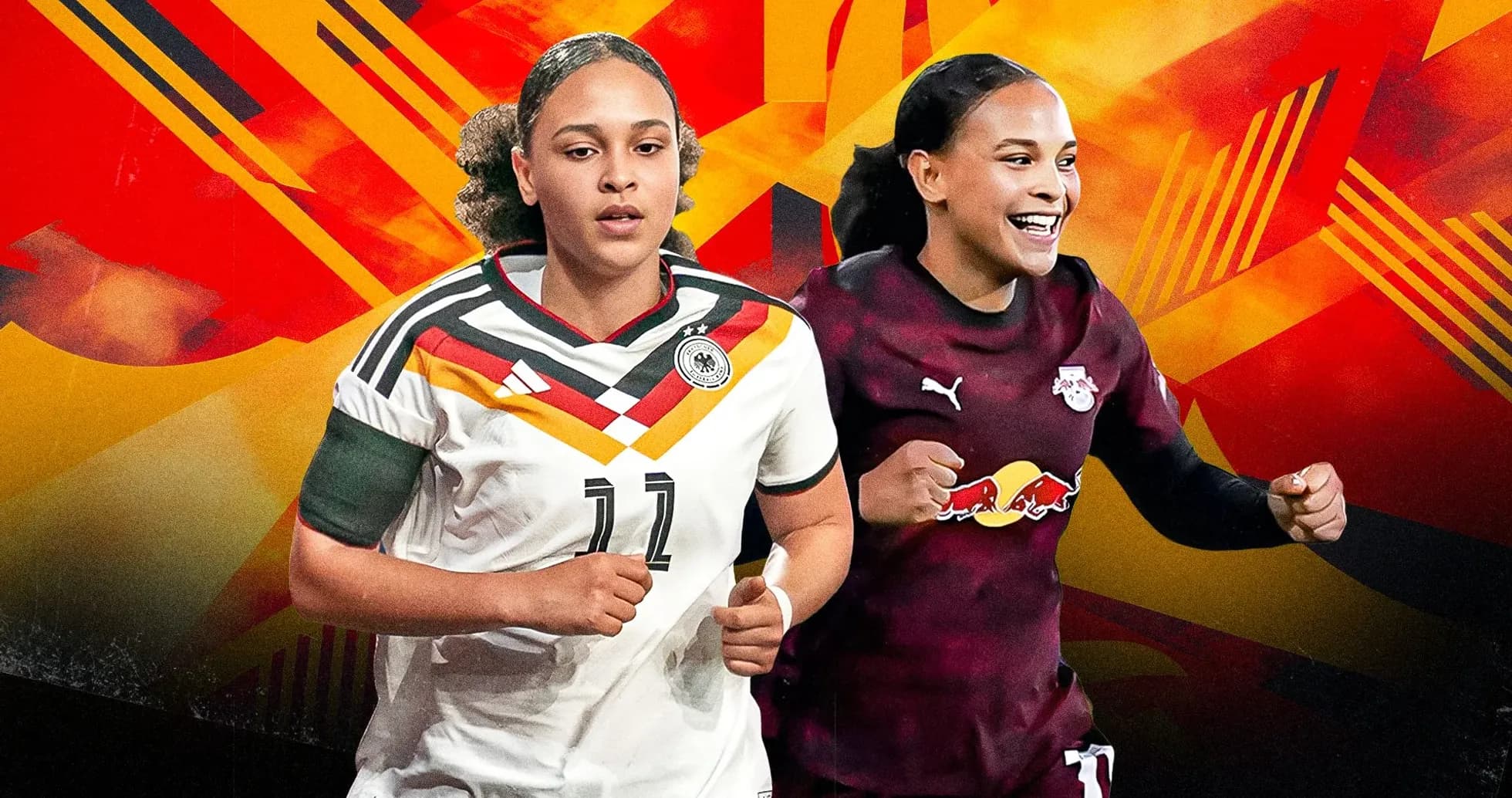 Two female soccer players in team uniforms Two female soccer players in team uniforms